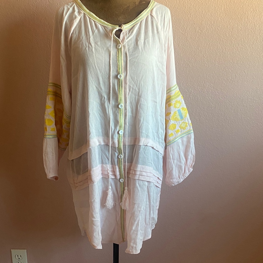 KATE C. Chic Sheer Button-Down Blouse - Pink with Yellow Details